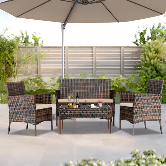 Syngar Patio Furniture Set, 4 Pieces Outdoor Rattan Conversation Sofa Set, All-Weather Wicker Patio Sets, Cushioned Sofa and Coffee Table for Garden Deck Courtyard, Brown