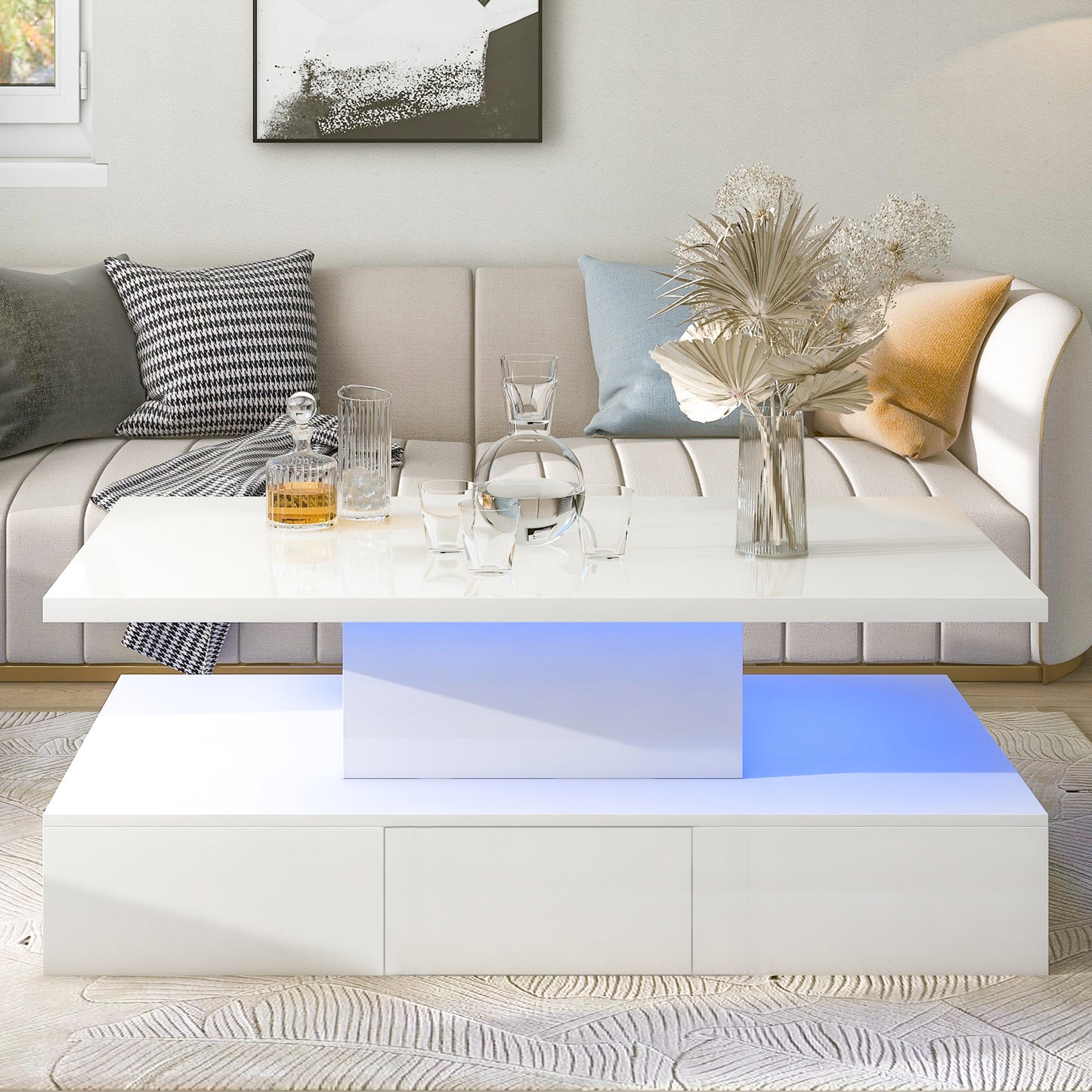 SYNGAR LED Coffee Table with 4 Storage Sliding Drawers and Open Shelves, Modern High Glossy Center Table Rectangular with Multiple Colors LED Lights for Living Room Bedroom, Easy Assembly, White