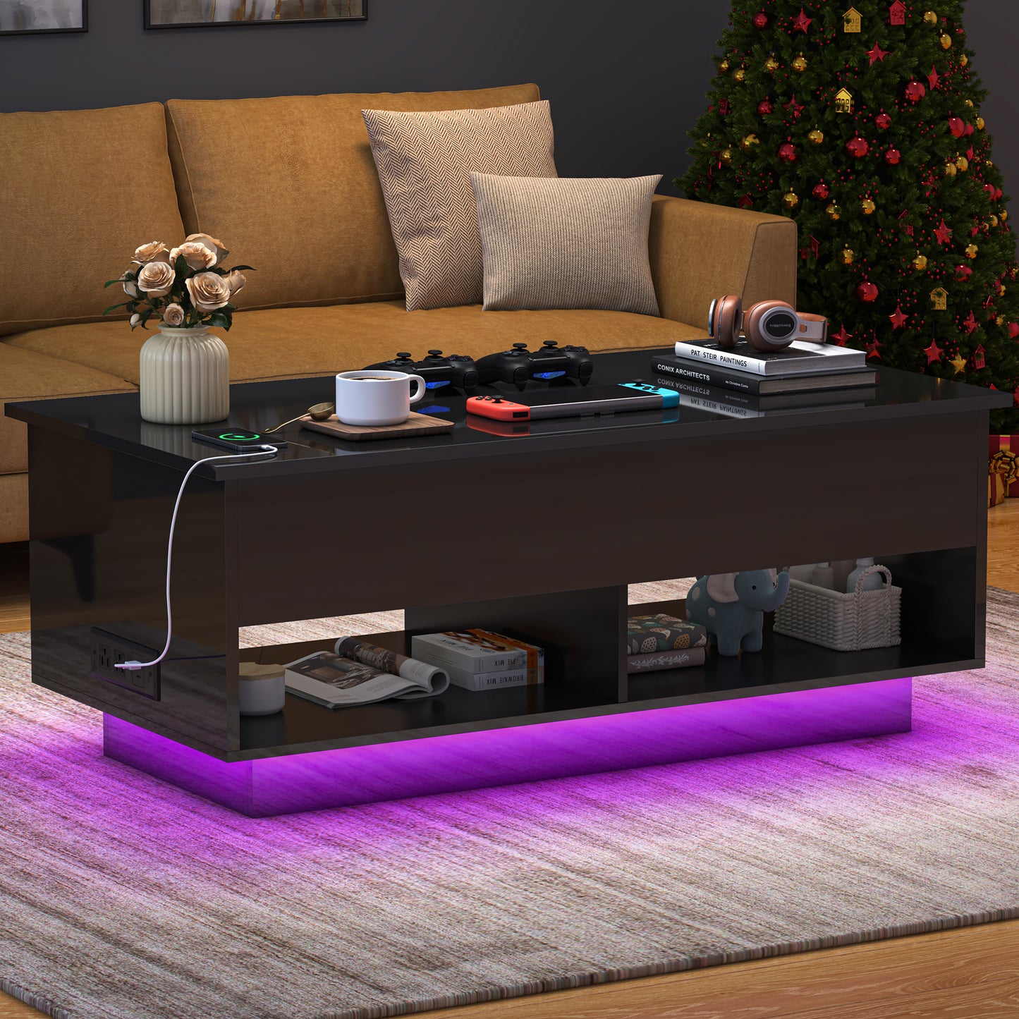 SYNGAR Lift Top Coffee Table for Living Room, Large Hidden Storage Lift Top Coffee Table with LED Light and Charging Station, Modern Coffee Table with Open Storage Shelves, Black