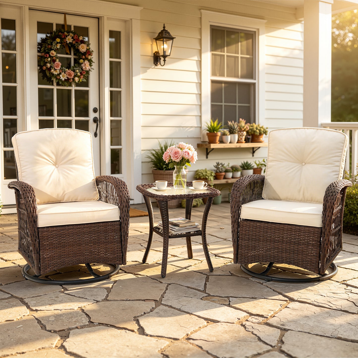 3 Piece Outdoor Bistro Swivel Chairs Set, Patio Bistro Set w/ 360° Swivel Rocking Chairs & Table, All-Weather Conversation Set with Metal Frame for Patio Backyard Porches or Garden - Khaki
