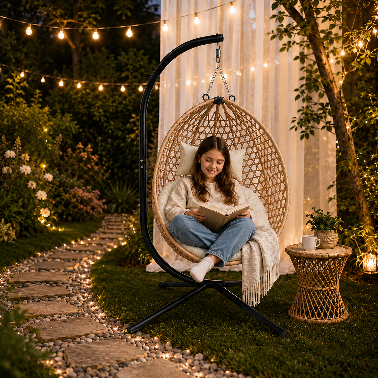SYNGAR Foldable Hanging Egg Chair with Stand, HDPE Rattan Wicker Swing Chair with Cushion, Outdoor Egg Chair for Patio Balcony Bedroom, Heavy Duty 350 Lbs Capacity