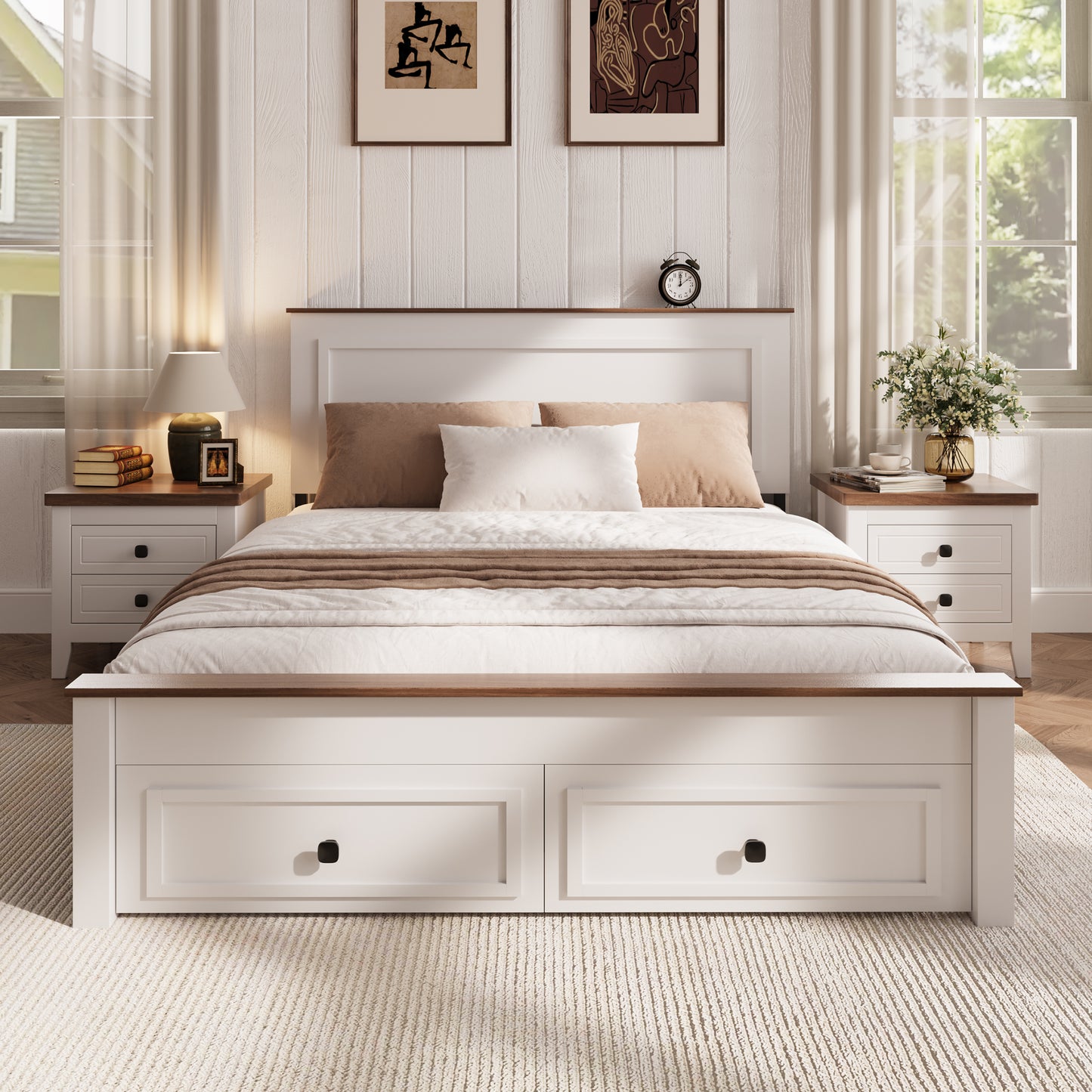 SYNGAR Full Bed Frame with Storage, Full Size Platform Bed with 2 Drawers, Wooden Bed Frame with Headboard, Heavy Duty Wood Support, No Box Spring, Farmhouse White Bed