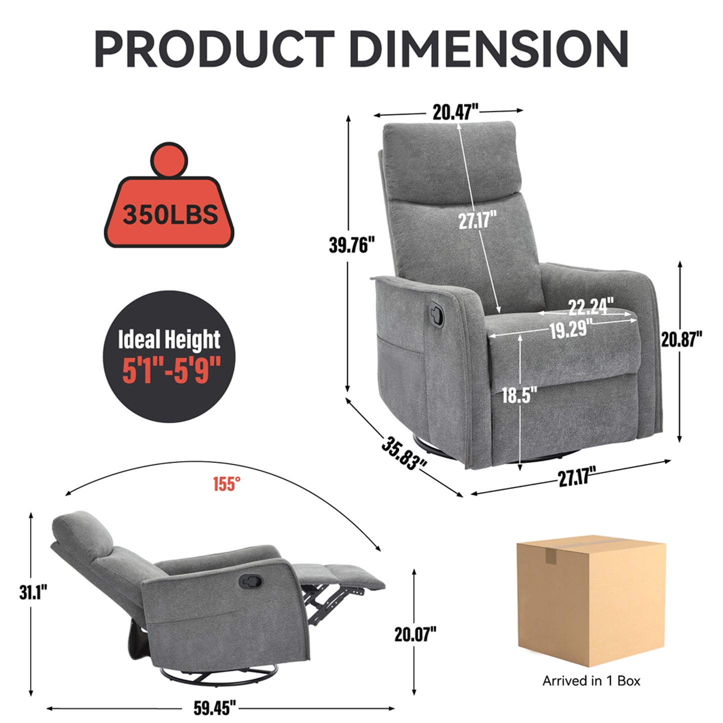 SYNGAR Swivel Rocker Recliner Chair for Living Room, Manual Reclining Chair with Heat and Massage Function, Fabric Single Rocking Sofa with Side Pocket for Home Theater, Gray