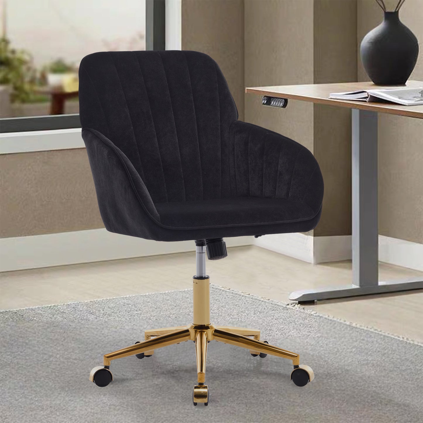 SYNGAR Office Chair with Adjustable Height, Modern Mid Back Soft Criss Cross Chair with Wheels Velvet Swivel Computer Home Task Chairs Ergonomic Executive Chair with Armrests, Rose Red