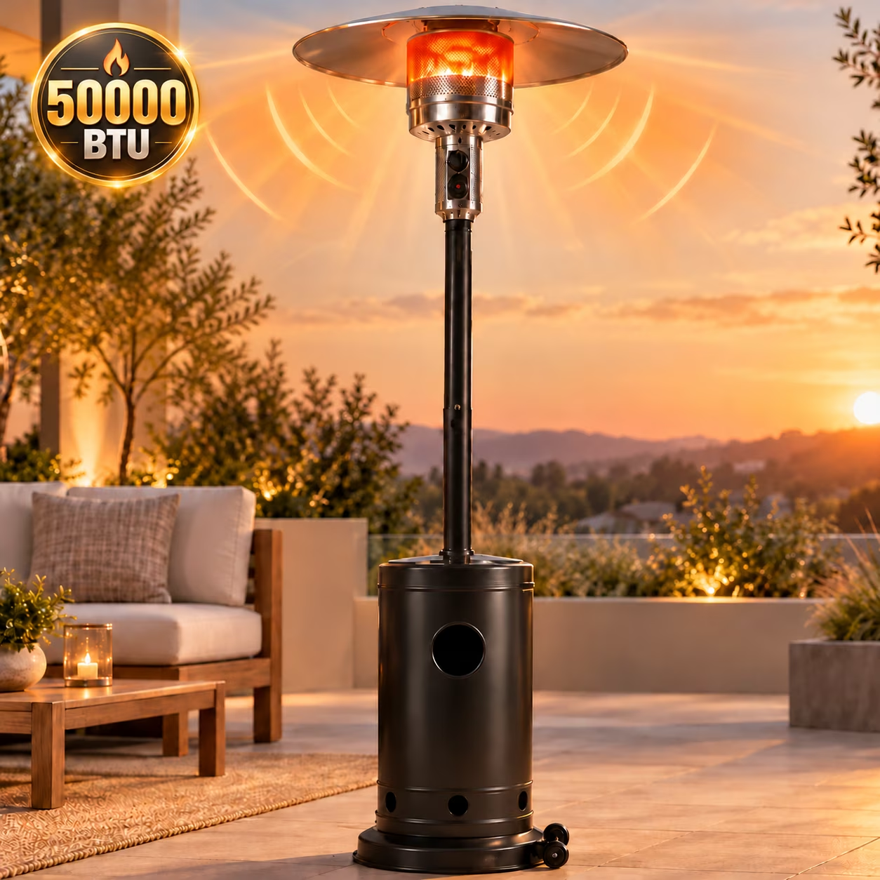 Syngar Patio Heater for Outdoor Use, Propane Heater for Outdoor with Wheels, 50000 Btu, Stainless Steel, Stable Base for Home, Backyard, Black