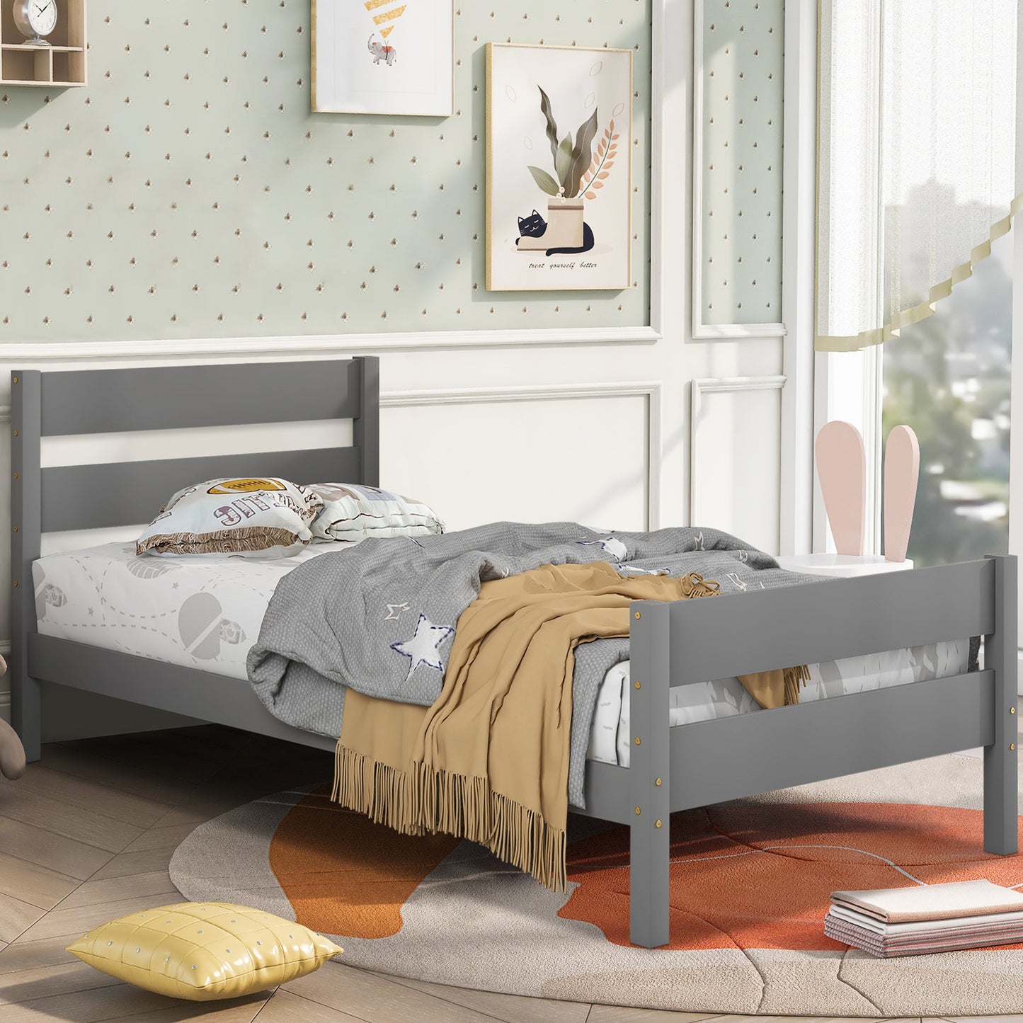 SYNGAR Wood Twin Platform Bed Frame with Headboard and Footboard, Modern Bed Single Twin Size Bed Frame for Kids Adults, No Box Spring Required, Easy Assembly, Gray