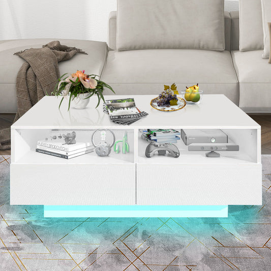 SYNGAR LED Coffee Table with 4 Storage Sliding Drawers and Open Shelves, Modern High Glossy Center Table Rectangular with Multiple Colors LED Lights for Living Room Bedroom, Easy Assembly, White