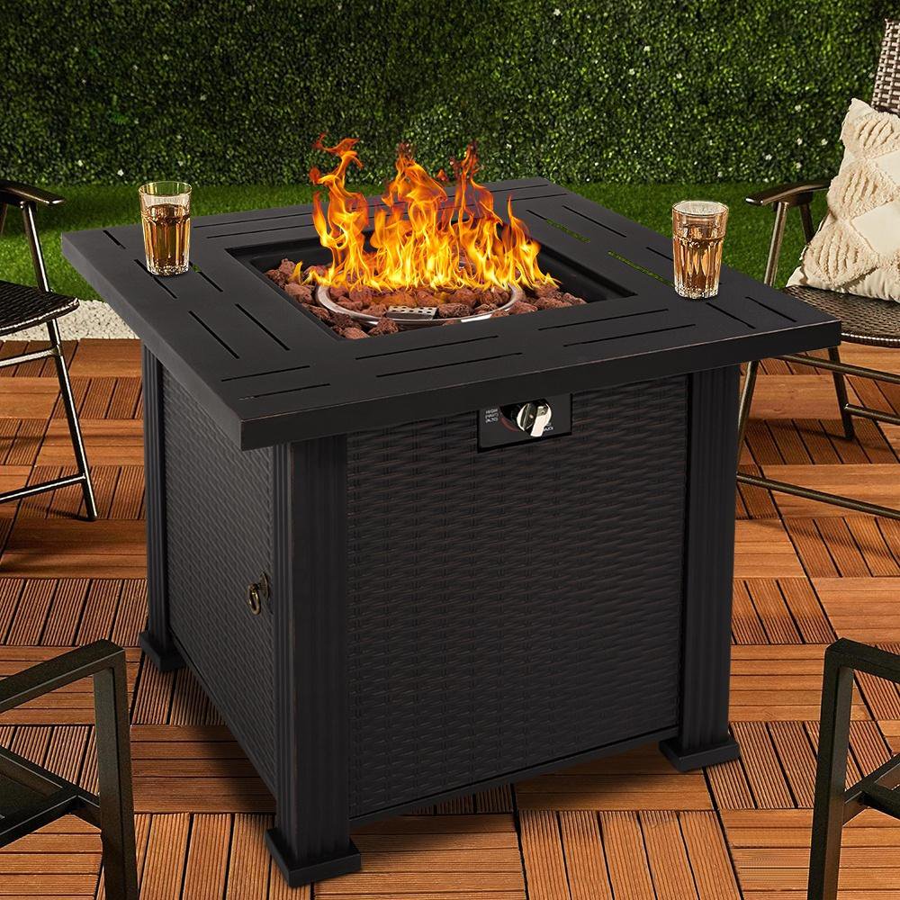 2-in-1 Propane Fire Pit Table, Outdoor Table with Fire Pit, 28" 40,000 BTU Auto-Ignition Gas Fire Pit Table with Lid & Lava Rock, Square Fire Table with Rattan Exterior for Yard Patio Garden