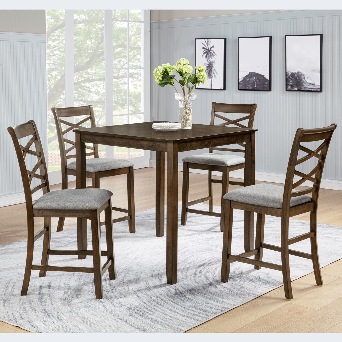 5-Piece Counter Height Dining Table Set for 4, 34.5 Inch Square Kitchen Table and 4 Upholstered Chairs with X-Back and Footrests, Space-Saving Dinette Set, Walnut