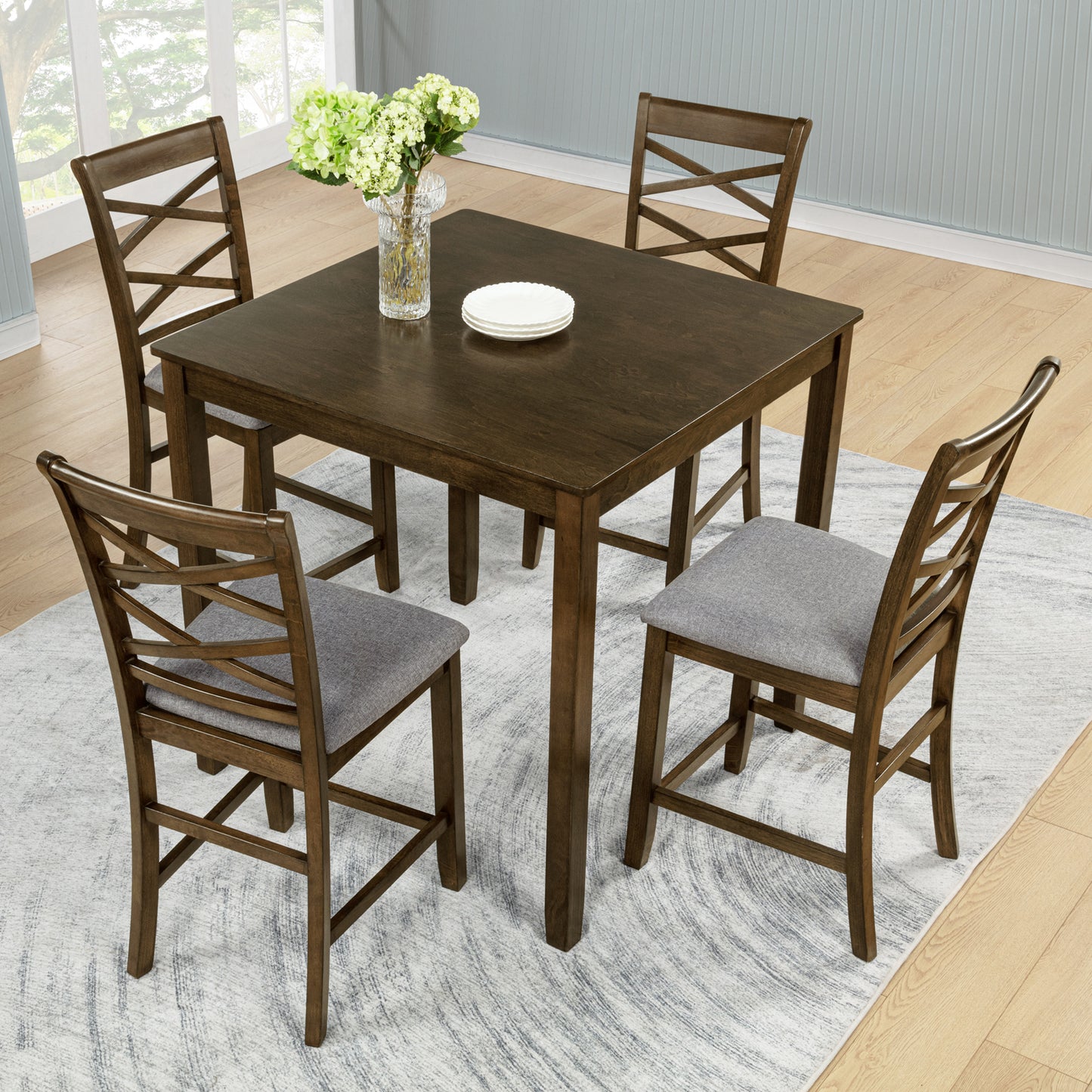 5-Piece Counter Height Dining Table Set for 4, 34.5 Inch Square Kitchen Table and 4 Upholstered Chairs with X-Back and Footrests, Space-Saving Dinette Set, Walnut