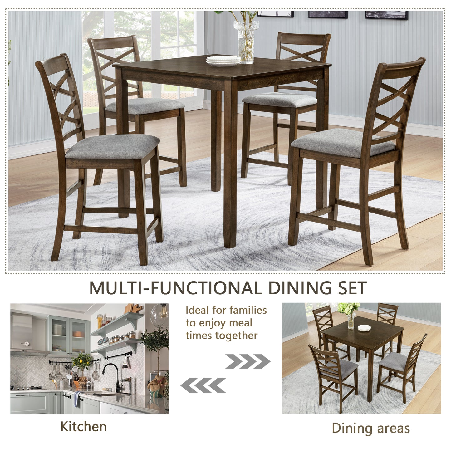 5-Piece Counter Height Dining Table Set for 4, 34.5 Inch Square Kitchen Table and 4 Upholstered Chairs with X-Back and Footrests, Space-Saving Dinette Set, Walnut