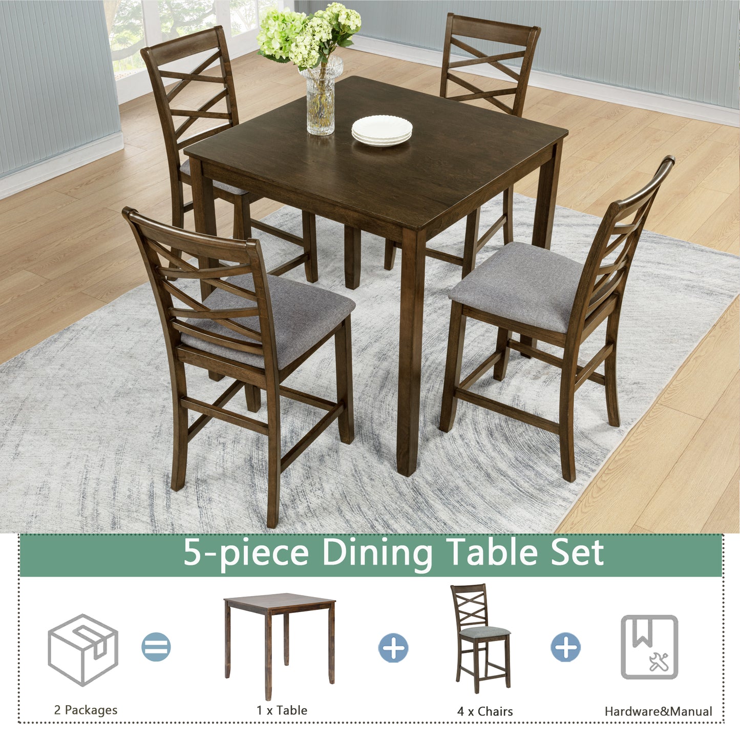 5-Piece Counter Height Dining Table Set for 4, 34.5 Inch Square Kitchen Table and 4 Upholstered Chairs with X-Back and Footrests, Space-Saving Dinette Set, Walnut