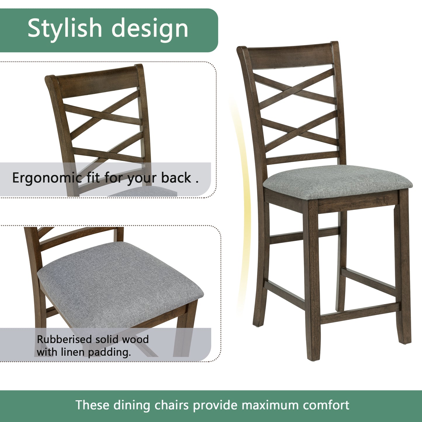 5-Piece Counter Height Dining Table Set for 4, 34.5 Inch Square Kitchen Table and 4 Upholstered Chairs with X-Back and Footrests, Space-Saving Dinette Set, Walnut