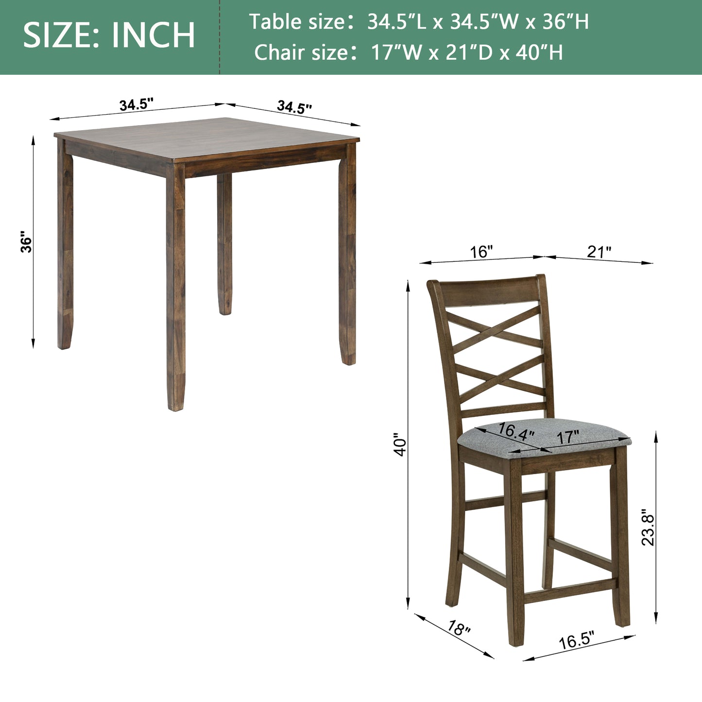 5-Piece Counter Height Dining Table Set for 4, 34.5 Inch Square Kitchen Table and 4 Upholstered Chairs with X-Back and Footrests, Space-Saving Dinette Set, Walnut