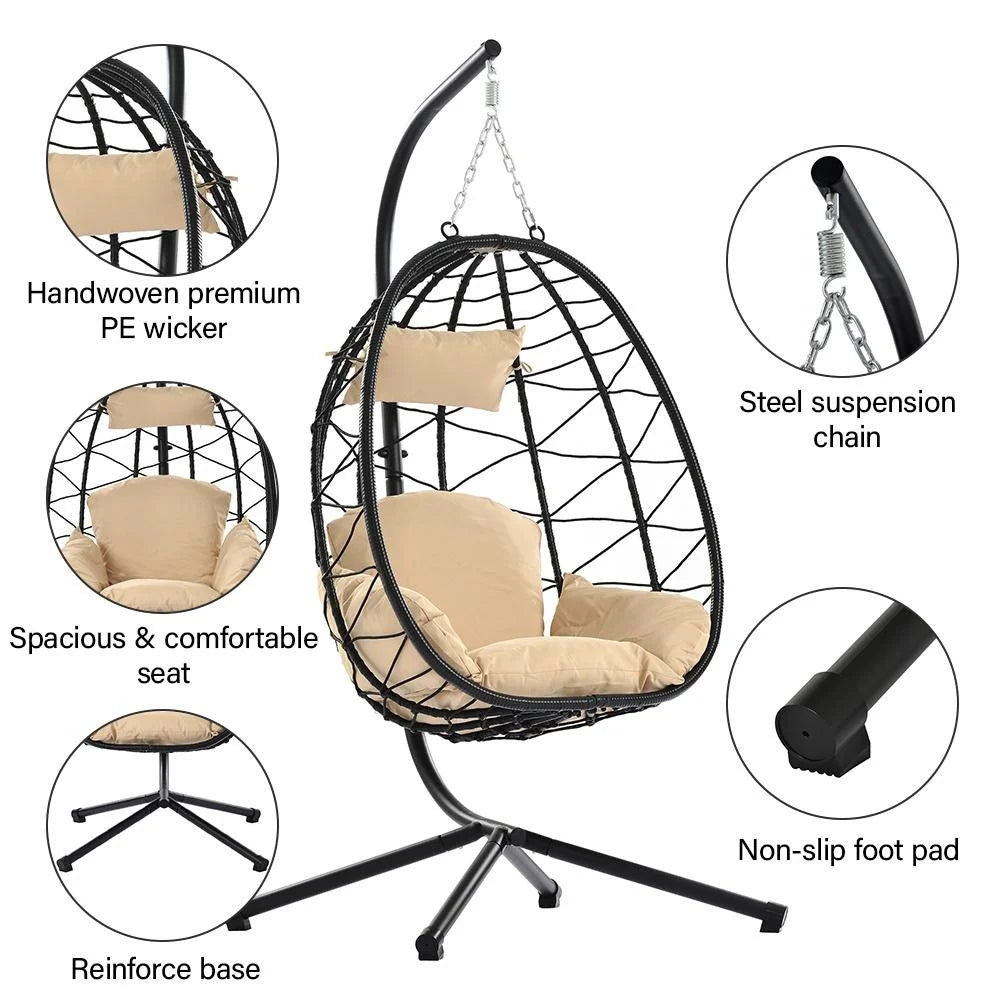 Egg Chair with Stand, Patio Wicker Hammock Chair Swing with Stand and UV Resistant Cushion, Egg Swing Chair for Outdoor Patio Porch Backyard Living Room, 300lbs Weight Capacity, B034