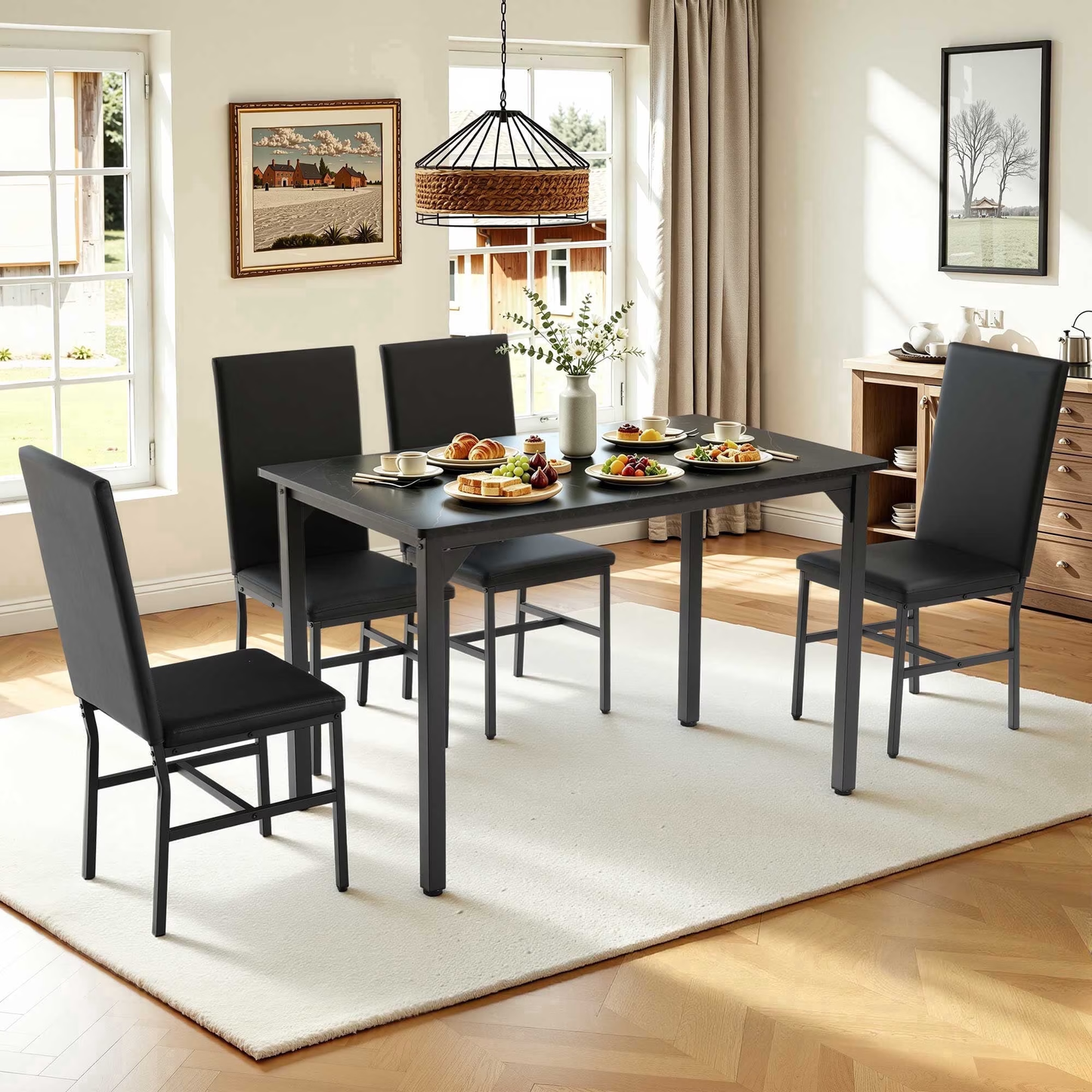 Syngar Dining Table Set for 4, 5 Piece Faux Marble Kitchen Table and Chairs Set with PU Leather Padded Chairs, Compact Modern Dinette Set for Small Spaces, Black