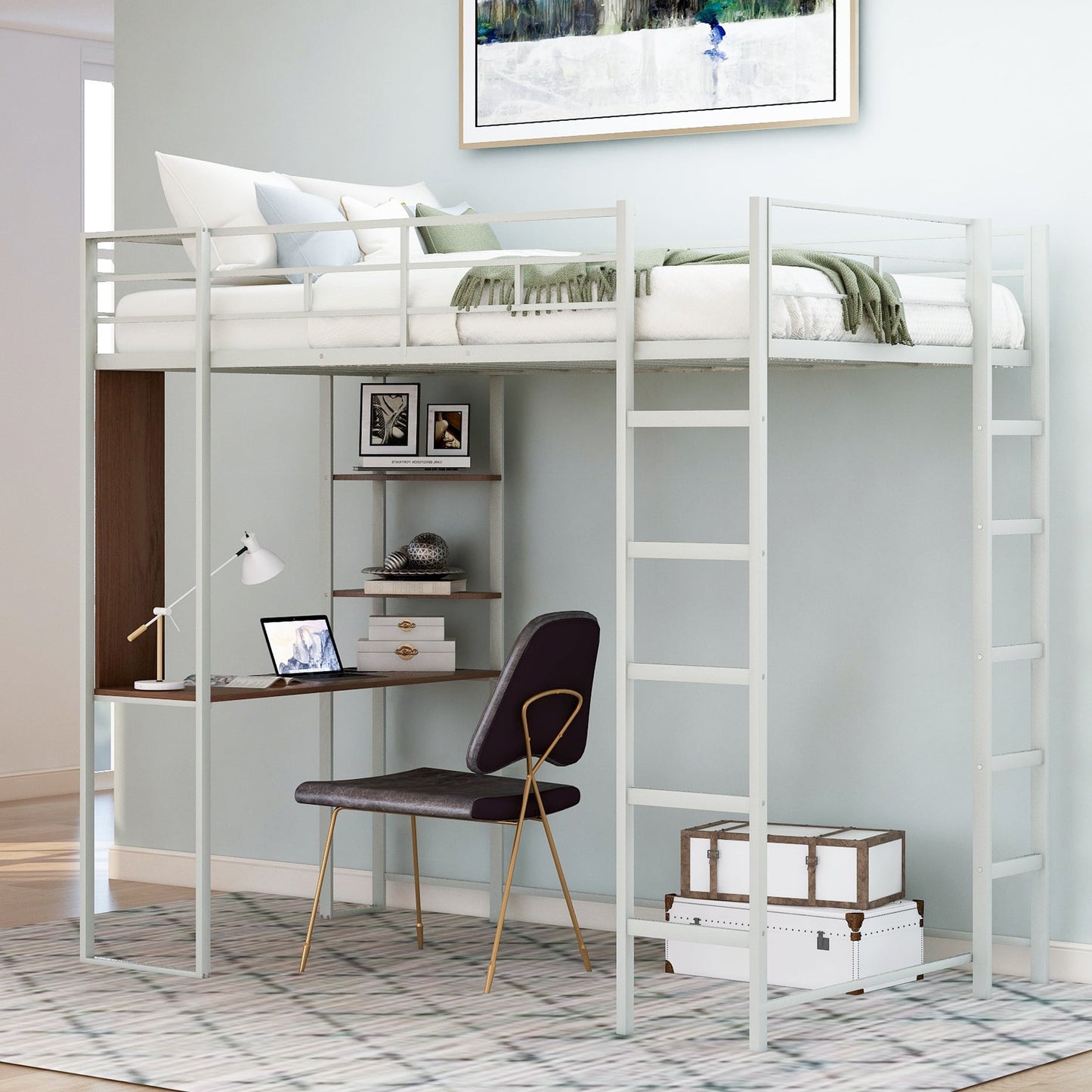 Twin Loft Bed Frame with Desk for Teens Kids, Classic Metal Bed Frames in Twin with Desk Ladder and Guardrails, Kids Bed Frame, Silver, LJ503