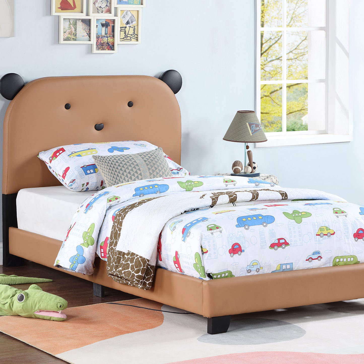 Twin Bed Frame with Headboard for Kids and Teens, Cute Bear Shape Upholstered Platform Bed Frame with Wood Slat, Twin Size Platform Bed Frame with Footboard, No Box Spring Needed, Brown