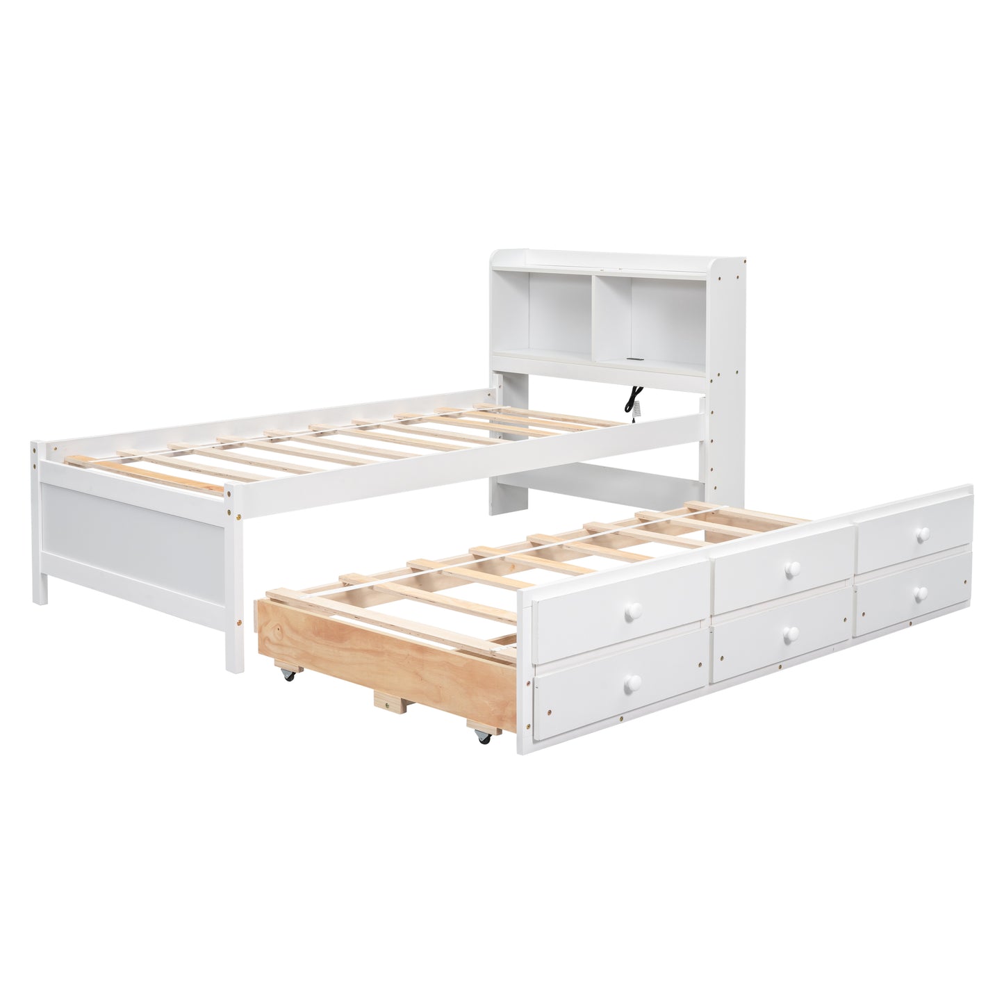 SYNGAR Twin Bed with Trundle and 3 Storage Drawers, Twin Size Platform Bed Frame with USB & Type-C Ports, LED Light, Bookcase Headboard and Pull Out Trundle Bed, White
