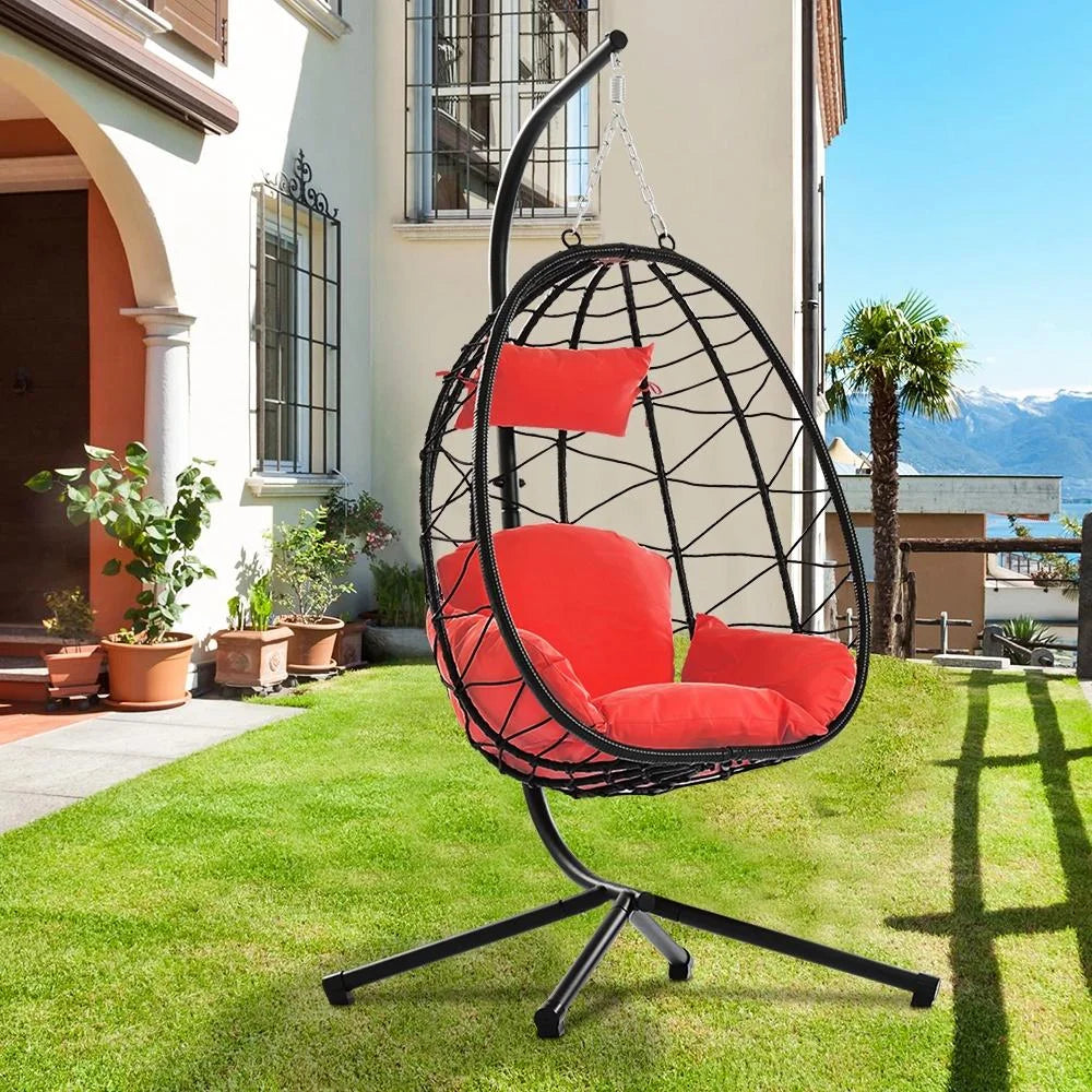 Egg Chair with Stand, Patio Wicker Hammock Chair Swing with Stand and UV Resistant Cushion, Egg Swing Chair for Outdoor Patio Porch Backyard Living Room, 300lbs Weight Capacity, B034