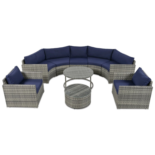 9 Piece Patio Furniture Set, Half-Moon Sectional Furniture Sofa Set with 2 Free Overlapping Tables, PE Rattan Round Sofa Set, Outdoor Conversation Set for Patio Pool Yard Garden