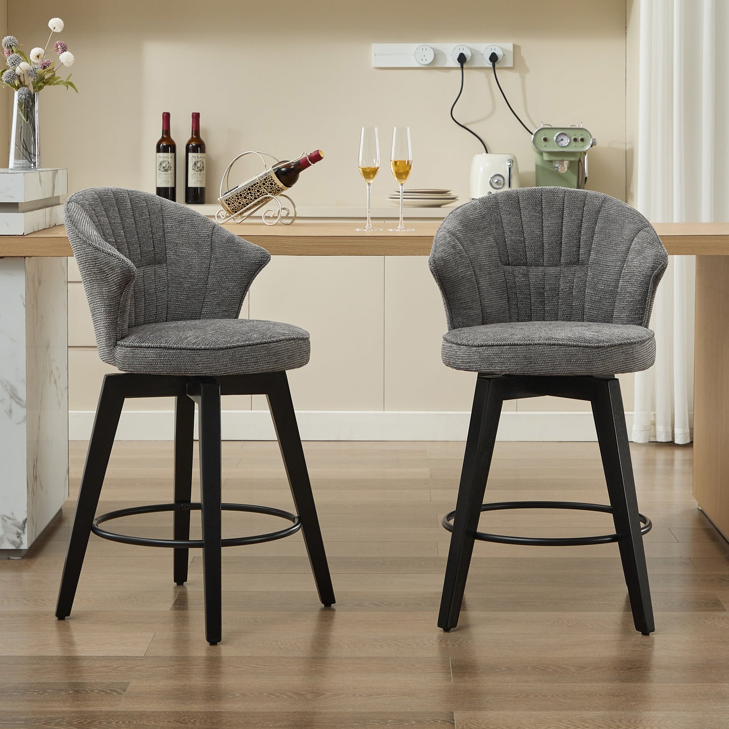 SYNGAR Swivel Bar Stools Set of 2, 360 Dreege Swivel Modern Counter Height Bar Stools with High Backrest, Chenille Upholstered Kitchen Island with Footrest, White