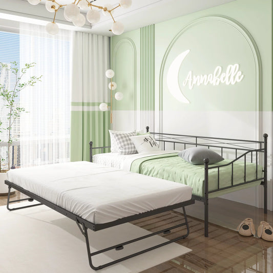 Premium Daybed Metal Bed Frame, Twin Size Bed with Trundle, Daybed and Roll Out Trundle for Kids Room Guest Room Apartment, Easy Assembly, Mattresses Sold Separately