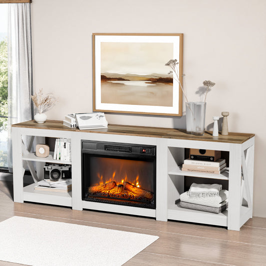 SYNGAR 70" Fireplace TV Stand with 23" Electric Fireplace with 6 Flame Colors, Entertainment Center with Open Shelves Storage, Modern Television Table Center for Living Room, White