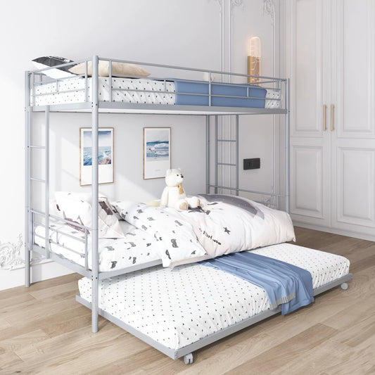 Bunk Bed with Roll Out Trundle Bed Frame, Metal Bunk Bed Can Be Divided Into Two Twin Beds, Trundle Twin Bunk Bed with Ladders and Guardrails for Guest Room, Space Saving Bedroom Furniture