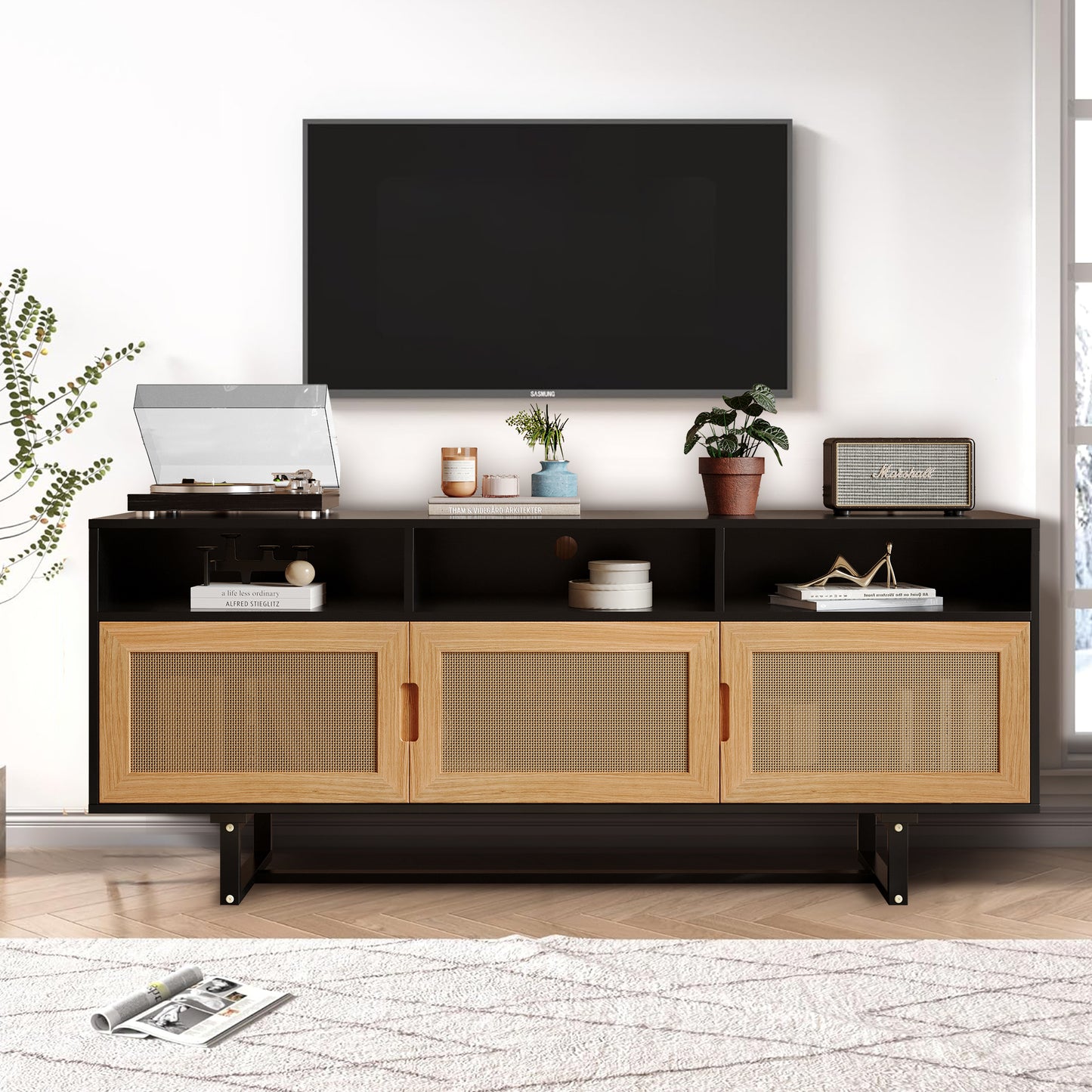 SYNGAR TV Console for 75" Inches TV, Modern TV Cabinet With 3 Rattan Doors and Wood Leg, Wood Entertainment Center with Storage Cabinet and Shelves, TV & Media Furniture, Espresso