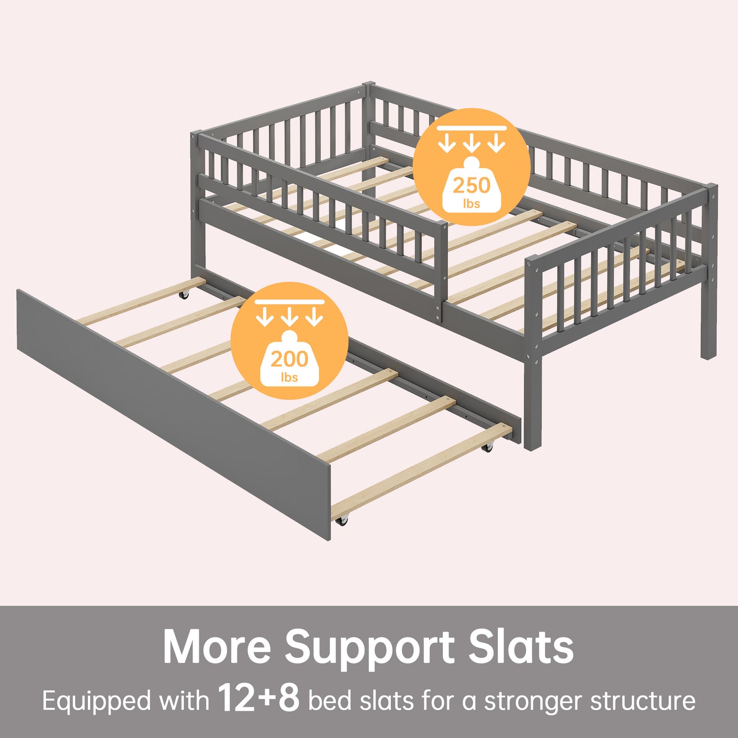 SYNGAR Twin Bed With Pull Out Trundle for Kids, Wooden Twin Size Bed Frames with Guardrails for Kid's Room, Bedroom, Trundle Bed Frame, No Box Spring Needed, Wood Slat Support, Gary