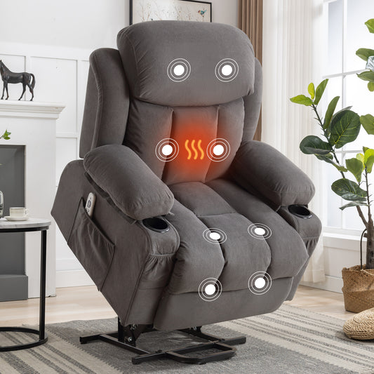 SYNGAR Power Lift Recliner Chair for Living Room, Electric Recliner Chair with Heat and Massage Function, USB Charge Port and Cup Holders, Oversized Velvet Reclining Sofa for Home Theater, Gray