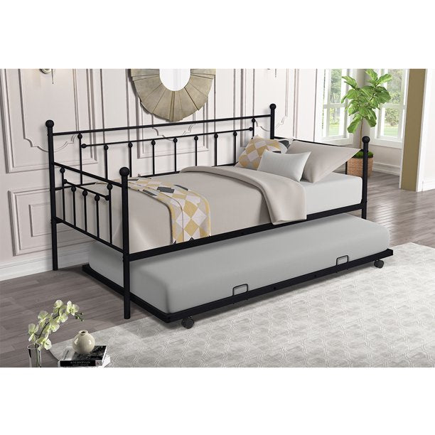 Premium Daybed Metal Bed Frame, Twin Size Bed with Trundle, Daybed and Roll Out Trundle for Kids Room Guest Room Apartment, Easy Assembly, Mattresses Sold Separately
