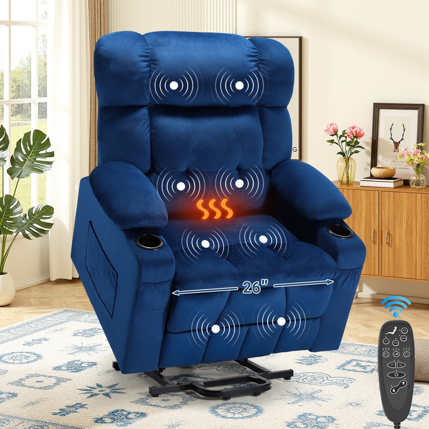 SYNGAR Large Power Lift Recliner Chair with Massage and Heat, Oversized Electric Lift Chair for Elderly Big and Tall People, Wide Seat Recliner with Cup Holders and Side Pocket for Living Room