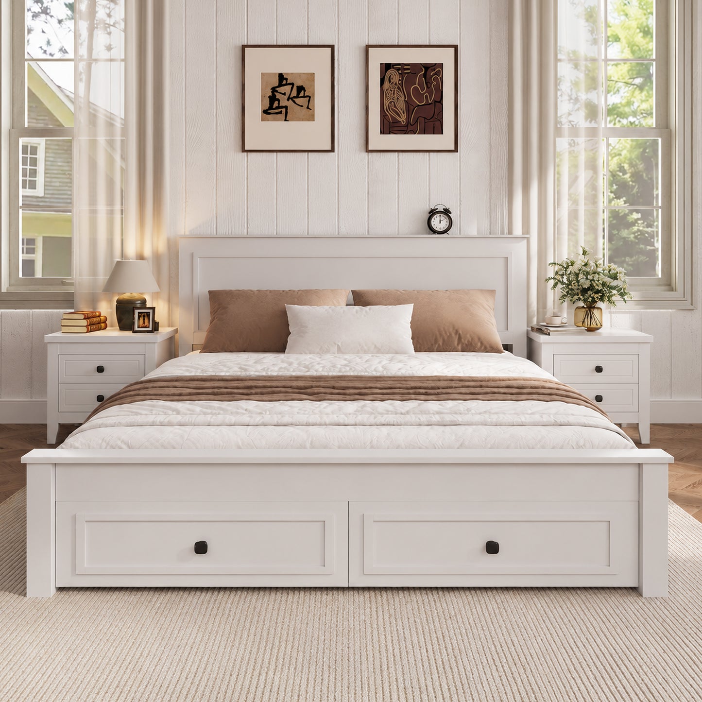 SYNGAR Queen Bed Frame with Storage, Queen Size Platform Bed with 2 Drawers, Wooden Bed Frame with Headboard, Heavy Duty Wood Support, No Box Spring, Farmhouse White Bed