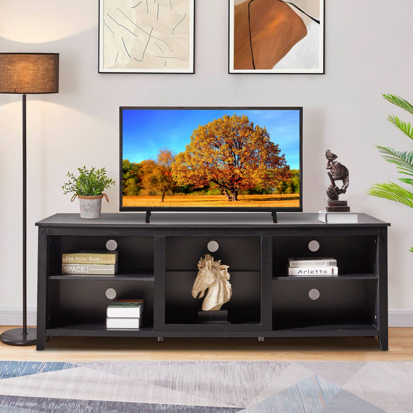 SYNGAR TV Stand for 70 inch TV, Modern Farmhouse TV Console Table Stand with 4 Storage Compartments, Living Room TV Table Stand Buffet Cabinet, 70"L x 15"W x 25"H, Grey Walnut