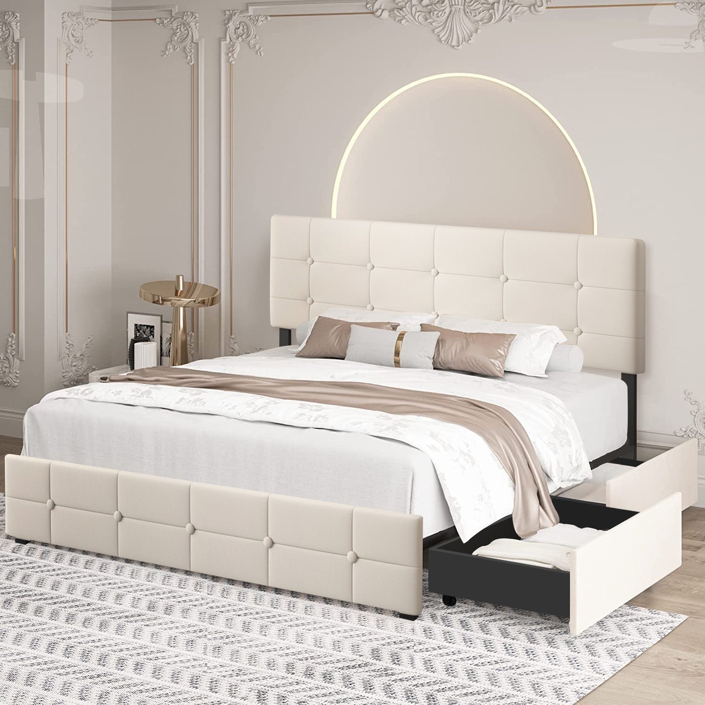 SYNGAR Storage Upholstered Queen Platform Bed Frame with 4 Drawers, Queen Size Storage Bed with Button Tufted Headboard, Metal Mattress Foundation with Strong Slats, No Box Spring Needed, Beige