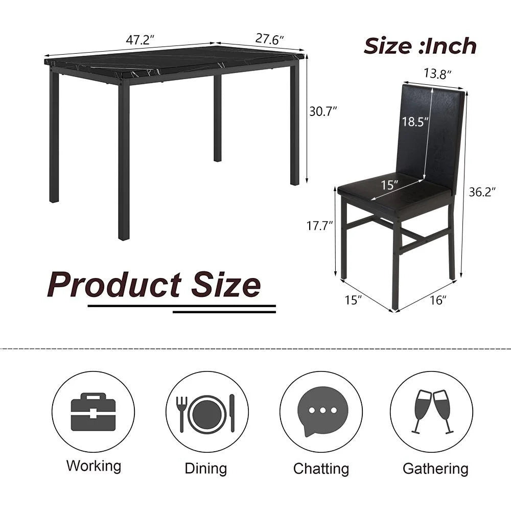 5 Piece Dining Set, Modern Dining Table and Chairs Set for 4, Kitchen Dining Table Set with Faux Marble Tabletop and 4 PU Leather Upholstered Chairs