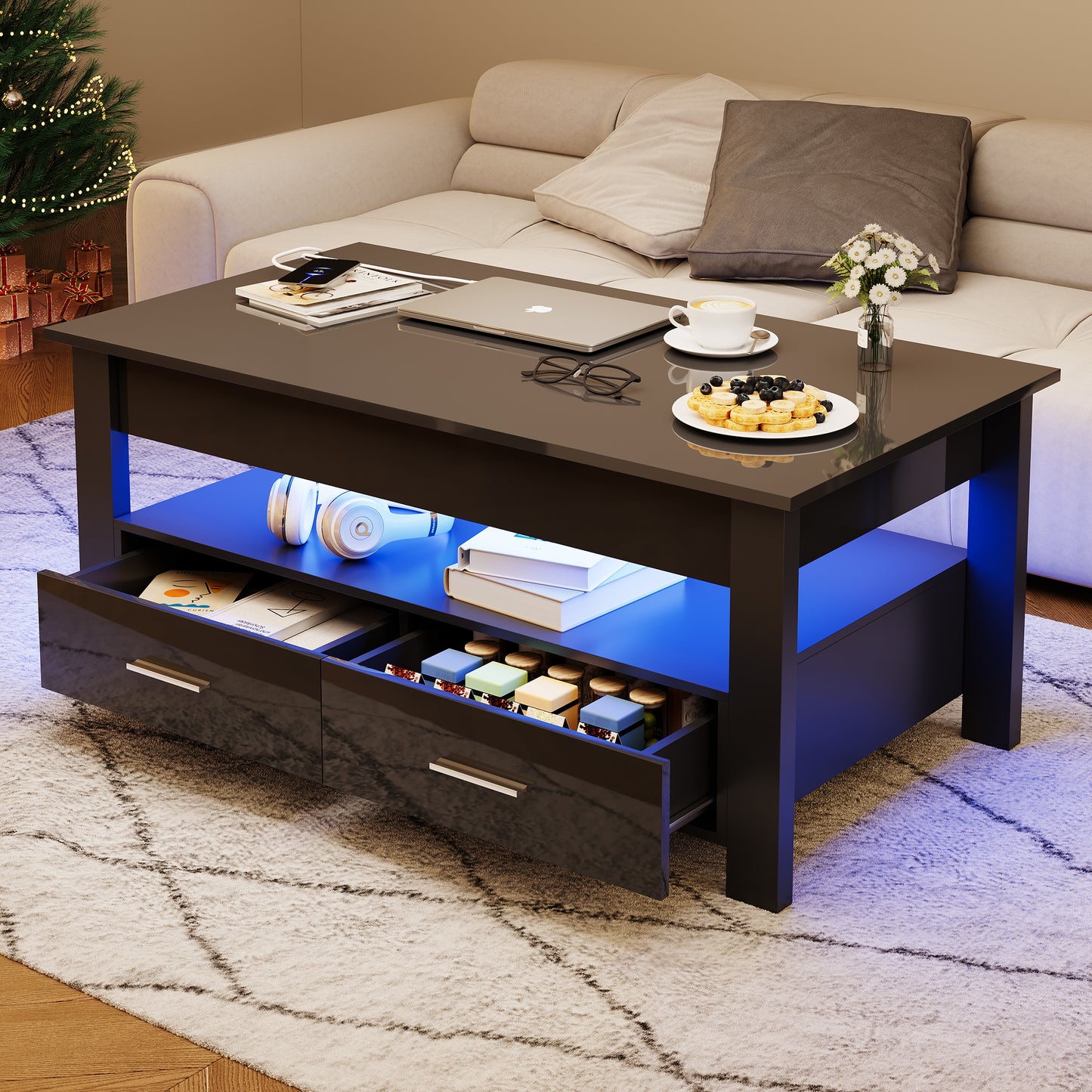 SYNGAR Lift Top Coffee Table with LED Light, Modern Coffee Table with Large Hidden Storage and Two Drawers, Wood Coffee Table with Lifting Top for Living Room, Black