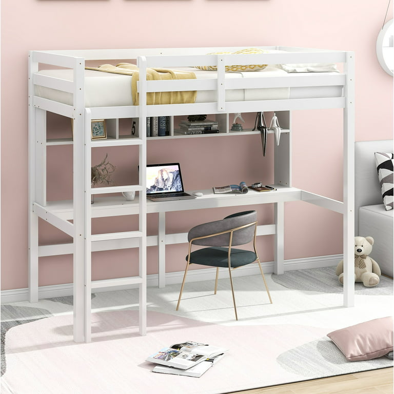 Syngar Loft Bed with Desk and Dresser for Kids, Solid Pine Wood Twin Loft Bunk Bed Frame with Ladder and Built-in Desk for Boys Girls Teens Adults, No Box Spring Needed, Gray, LJ648
