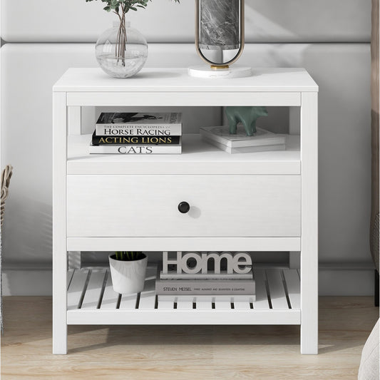 SYNGAR Mid-century Nightstand with Drawers and Storage, White Nightstand Side Table Solid Pine Wood with 2 Doors Cabinet for Bedroom Living Room, LJ1689