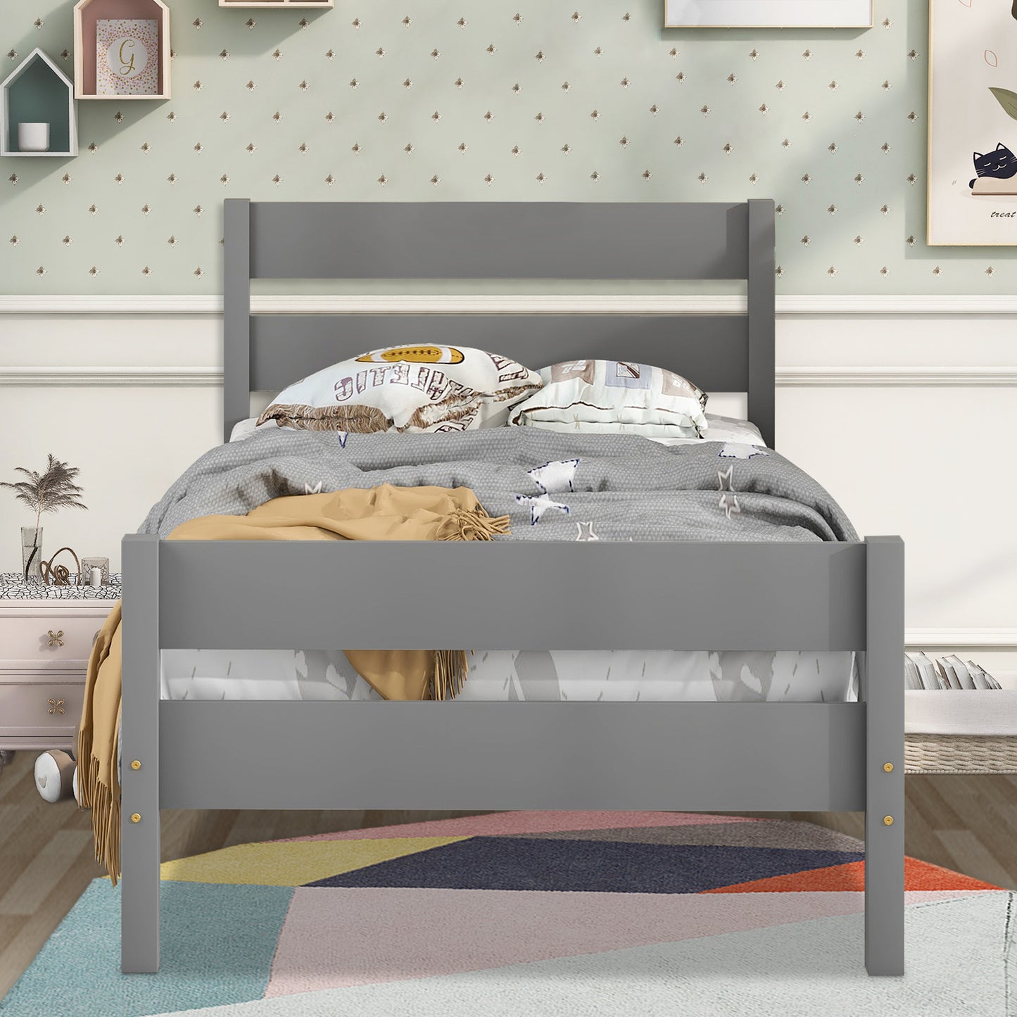 SYNGAR Wood Twin Platform Bed Frame with Headboard and Footboard, Modern Bed Single Twin Size Bed Frame for Kids Adults, No Box Spring Required, Easy Assembly, Gray