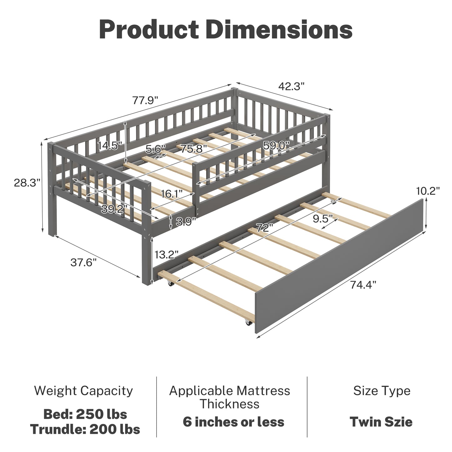 SYNGAR Twin Bed With Pull Out Trundle for Kids, Wooden Twin Size Bed Frames with Guardrails for Kid's Room, Bedroom, Trundle Bed Frame, No Box Spring Needed, Wood Slat Support, Gary