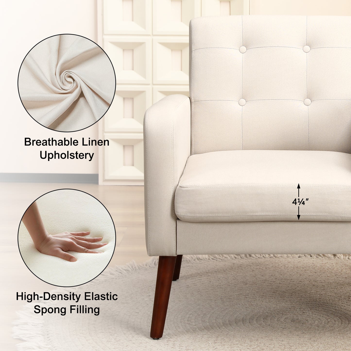SYNGAR Accent Chair for Living Room, Bedroom Comfy Reading Armchair with Solid Wood Legs, Modern Tufted Arm Chair Soft Linen Upholstered Cozy Side Single Sofa Chair Relaxing Seating, Beige