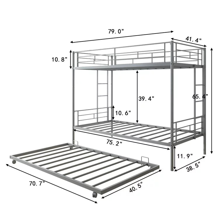 Bunk Bed with Roll Out Trundle Bed Frame, Metal Bunk Bed Can Be Divided Into Two Twin Beds, Trundle Twin Bunk Bed with Ladders and Guardrails for Guest Room, Space Saving Bedroom Furniture