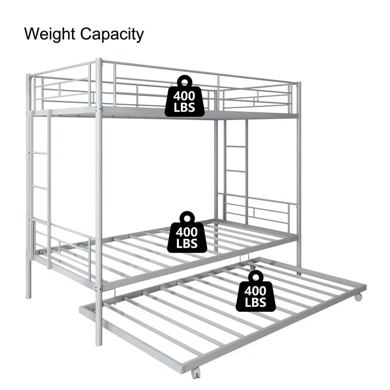 Bunk Bed with Roll Out Trundle Bed Frame, Metal Bunk Bed Can Be Divided Into Two Twin Beds, Trundle Twin Bunk Bed with Ladders and Guardrails for Guest Room, Space Saving Bedroom Furniture