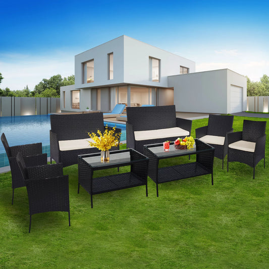 8 PCS Outdoor Patio Bistro Furniture Set, All-Weather Rattan Chair Set, Conversation Furniture Sets, Cushioned Seat & Glass Table, Bistro Table Set for Porch Garden Poolside Balcony