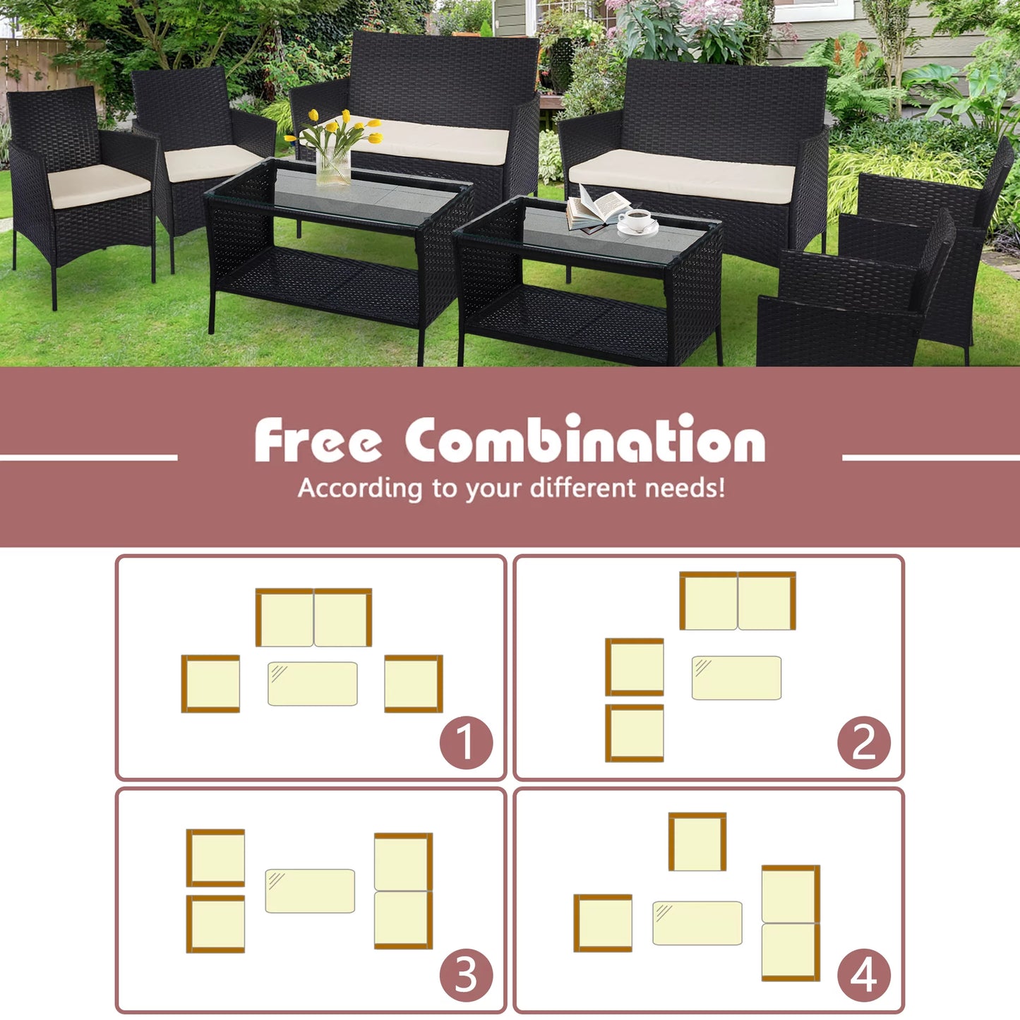 8 PCS Outdoor Patio Bistro Furniture Set, All-Weather Rattan Chair Set, Conversation Furniture Sets, Cushioned Seat & Glass Table, Bistro Table Set for Porch Garden Poolside Balcony