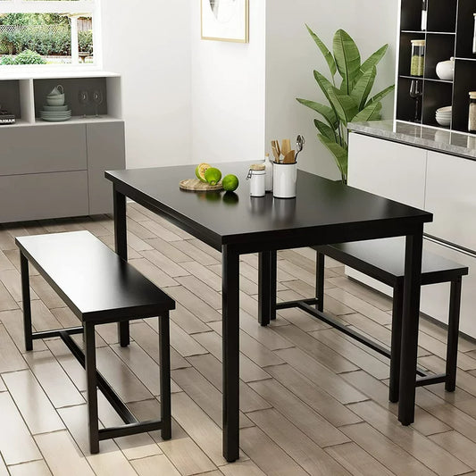 3 Piece Dining Table Set, Modern Kitchen Table and Bench for 6, MDF Board Table Top and Metal Frame Kitchen Furniture Set, Breakfast Nook Table with Two Benches for Home Apartment Office, B1204