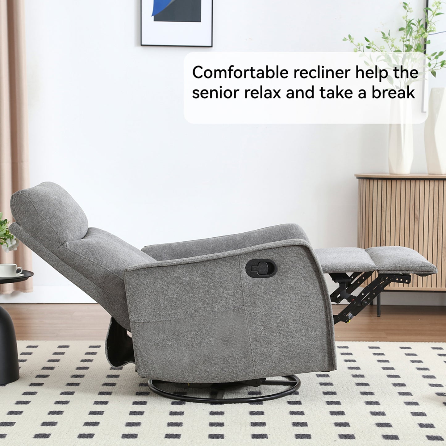 SYNGAR Swivel Rocker Recliner Chair for Living Room, Manual Reclining Chair with Heat and Massage Function, Fabric Single Rocking Sofa with Side Pocket for Home Theater, Gray